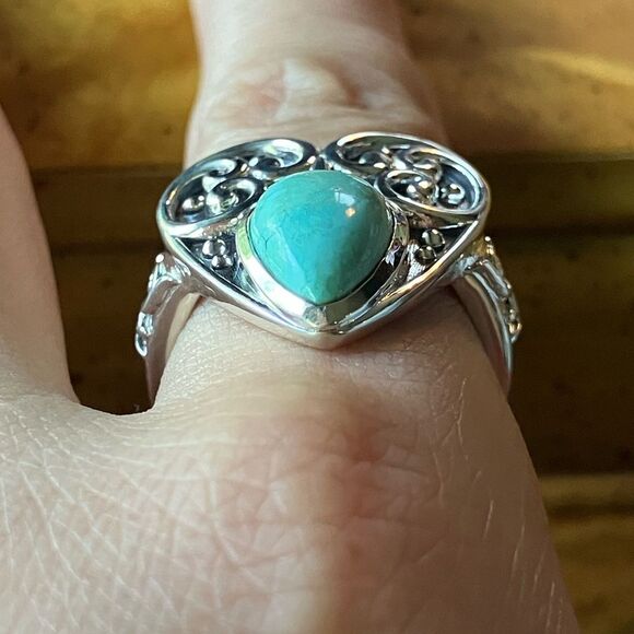 Natural Royston Turquoise Sterling Silver Heart Ring Size 9 - Picture 2 of 8